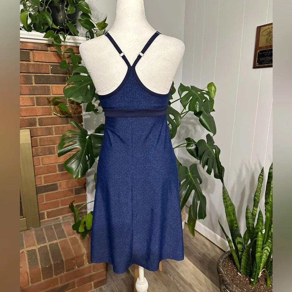 #4) Athleta navy blue with multi color floral dress with under bra size XS